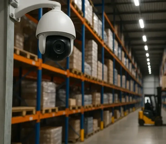 Cámara IP de vigilancia sobre los pasillos de una bodega